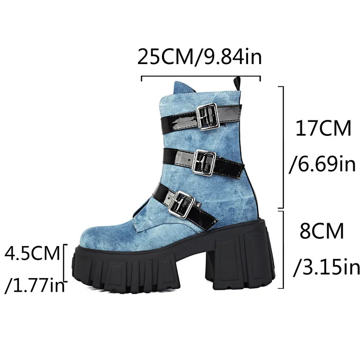 

Женские зимние ботинки Alison, джинсовая боковая молния с пряжкой ремня, новые женские туфли на каблуке, осенние женские современные ботинки