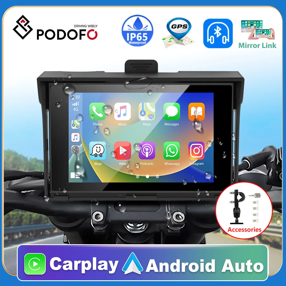 

Podofo 5 inch Motorcycle Screen Carplay Portable Smart Player Supports Android Auto AirPlay Android Cast TF Card