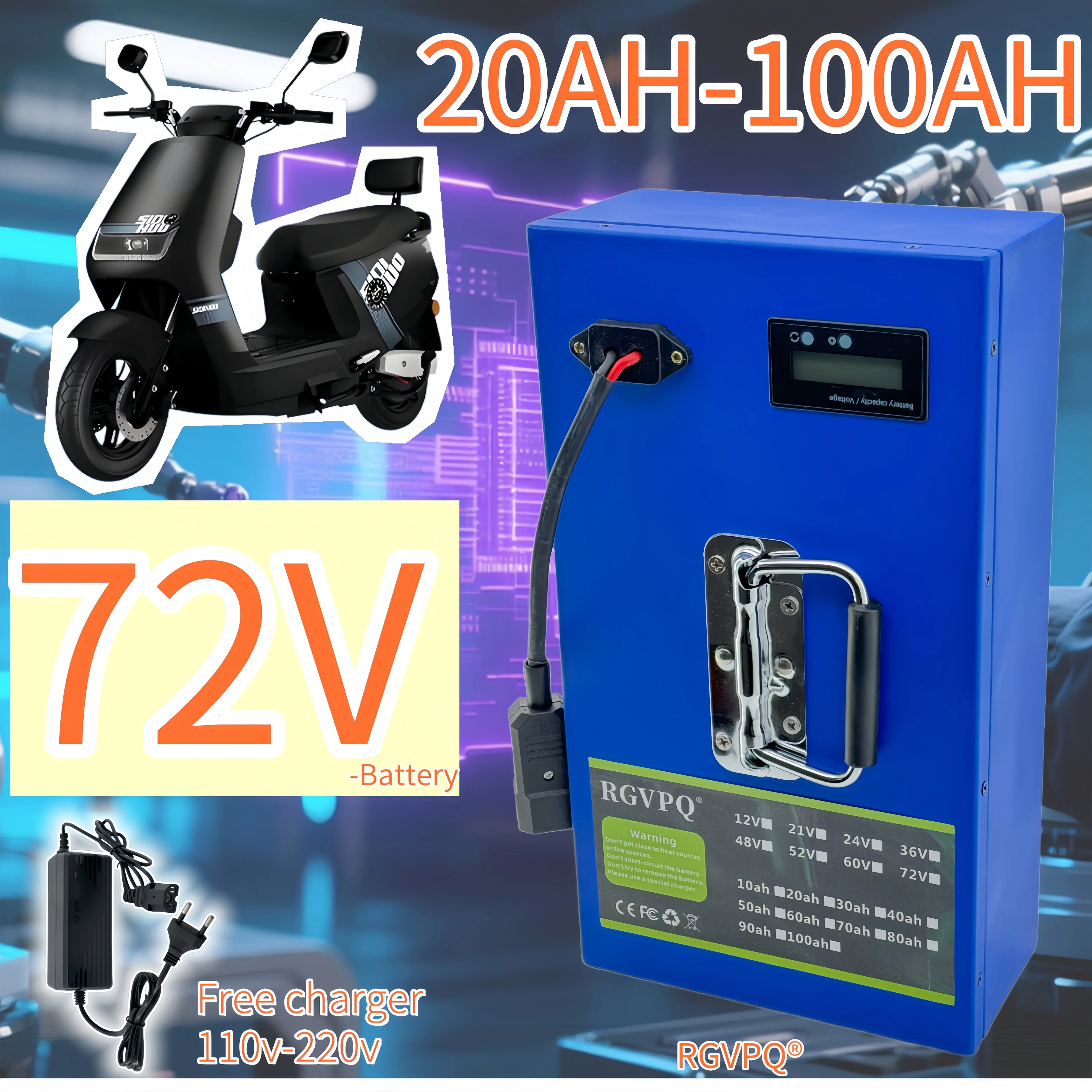 

Fast shipping air transportation, 72V20AH-100AH18650 lithium battery, built-in BMS40AH, suitable for all motors below 500W-3000W