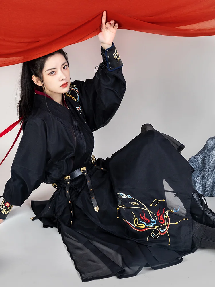 Hanfu الرجال والنساء الأسود أكثر من حجم الصينية القديمة التقليدية Hanfu القطن تأثيري الساموراي زي