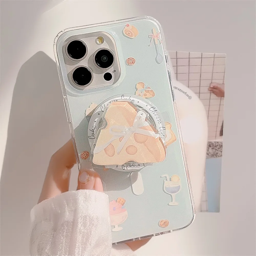 Full Screen Croissant Cheese With Holder Magnetic Wireless Charging Phone Cover Case for iPhone 16 15 14 13 12 Pro Max Plus