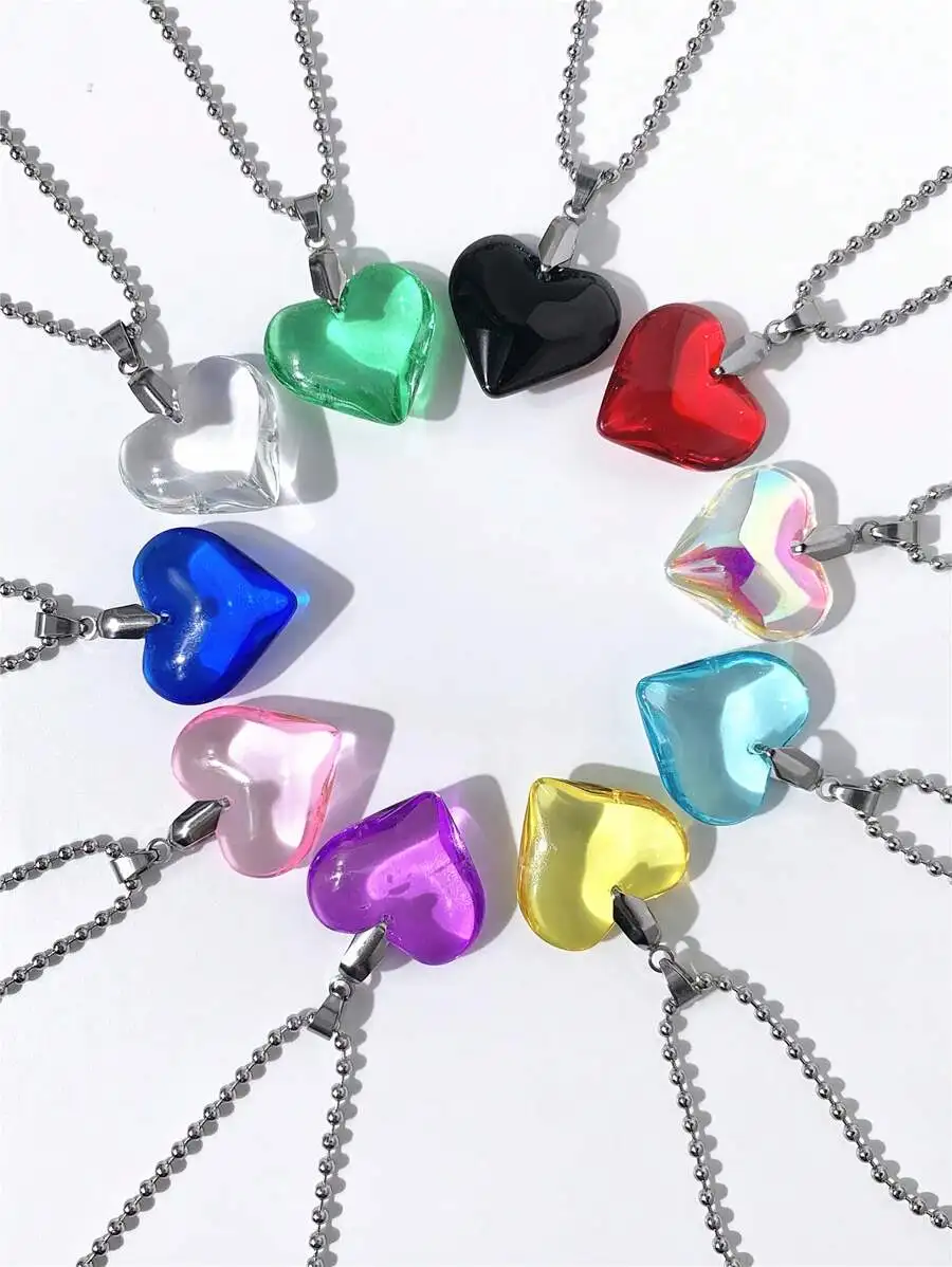 

25mm Colored Glass Heart Pendant Necklace Stainless Steel Ball Chain For Daily Wear Gift