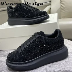 Luxury Rhinestone Sneakers Men Platform Casual Shoes Round Toe Lace-up Walking Shoes Woman Solid Color Crystal Designer Sneakers