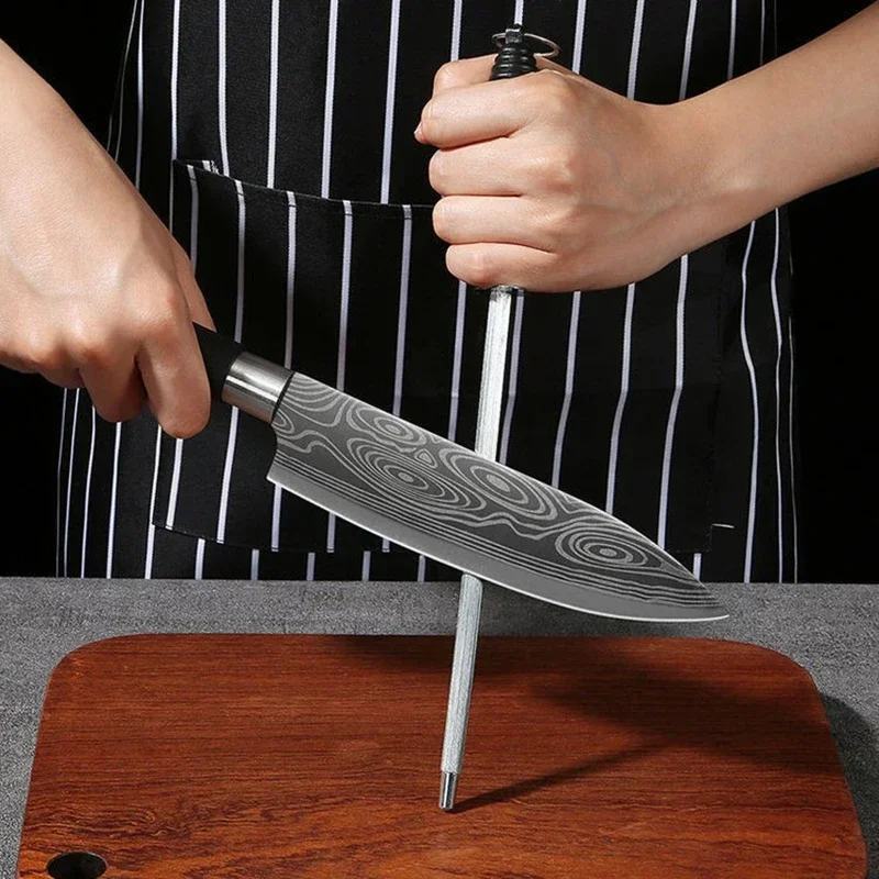 Utility Stainless Steel Sharp Slicing Chef Knife Kitchen Knives Scissors Sharpening Rod Set Laser Damascus Pattern Cooking Tool