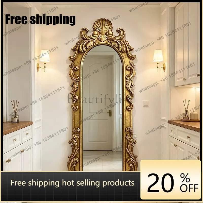 YJ European Classical Full Length Mirror Antique Carved Wall & Floor Dressing Mirror French Luxury Decor For Entryway Bedroom