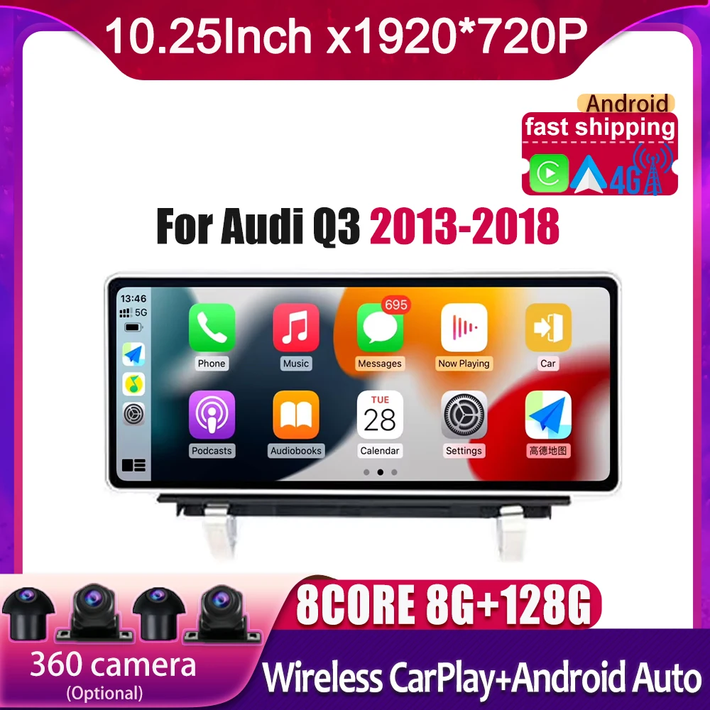 

For Audi Q3 2013-2018 Car Accessories 10.25 Inch Android 15 Touch Screen Auto Carplay Monitors Speacker Radio Multimedia Player