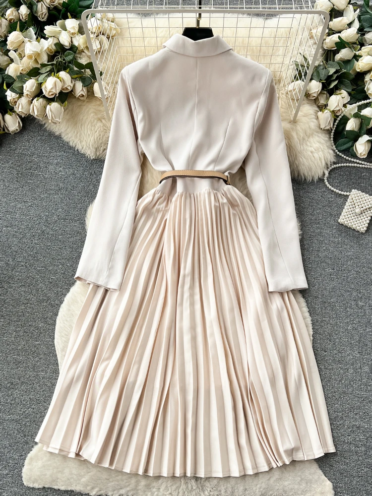 FTLZZ Autumn Winter Office Lady V-neck Lapel Long-sleeve Pleated Dress Elegant Women Patchwork Knee-Length Dress with Belt