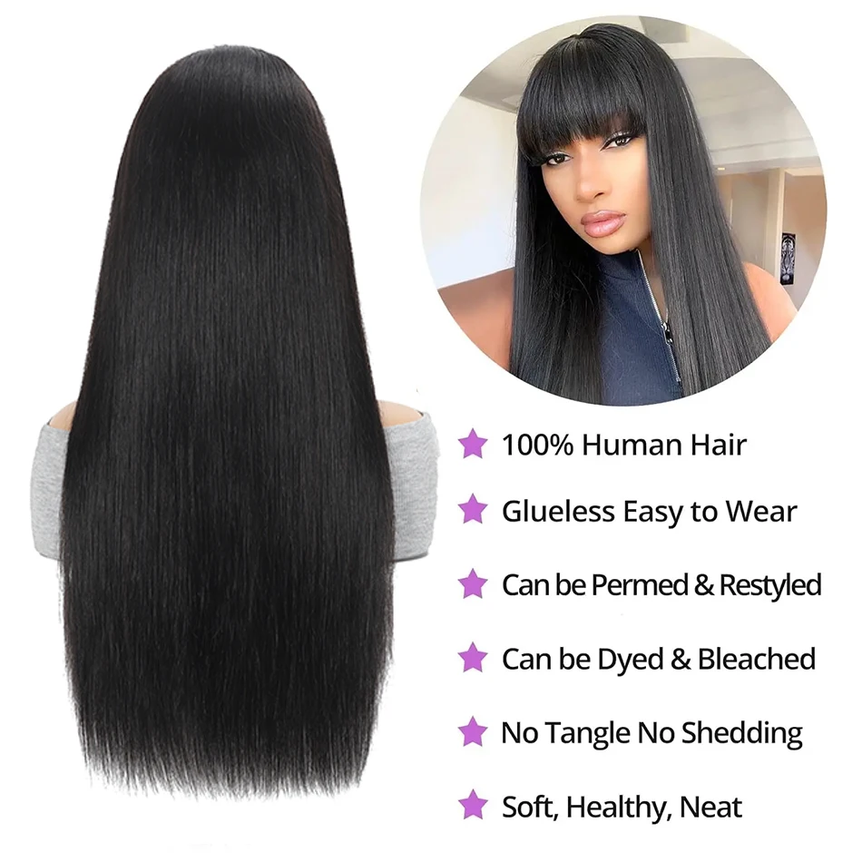 Natürliche gerade Perücke mit Pony, 100 % Echthaar-Perücke ohne Kleber, brasilianische, maschinell hergestellte Fransen-Remy-Haar-Perücken, bereit zum Tragen