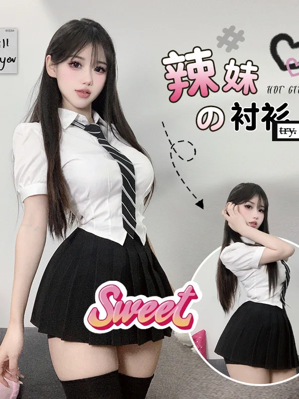 New JK 2025 Korean Style College Style Cinching Waist Spicy Girl Short Sleeve Shirt Top+high Waisted Pleated Skirt Set 45LP