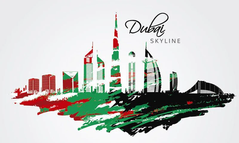 Dubai Skyline With Flag Colors T Shirt. Summer Cotton Short Sleeve O-Neck Mens T-shirt New S-3XL