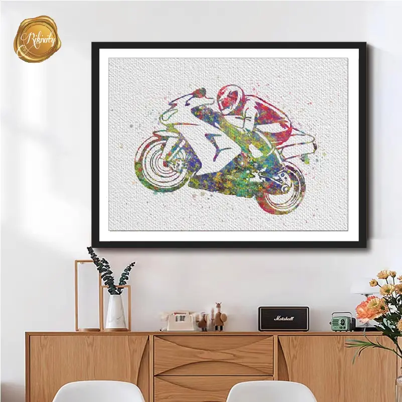 Watercolor Original Motorcycle Bike Wall Art Poster Canvas Painting Motorbike Prints Pictures Home Hanging Aesthetic Room Decor