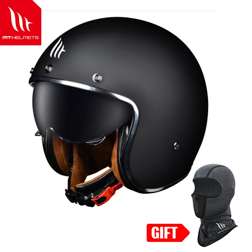 Mt Helmets 3/4 Open Face Summer Retro Motorcycle Helmet Matt Black Quick Release with Mask