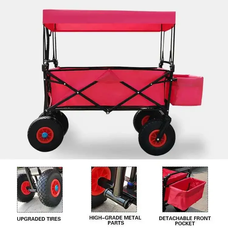 HW53 folding wagon with awning for outdoor camping multiple use pneumatic wheel for all terrain easy to push beach cart