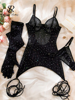 SINGREINY Polka Dot Print Underwear 3pcs Suits Fashion Strap Backless Club Shiny Sexy Suits Erotic Mesh Sheer Lingerie Sets