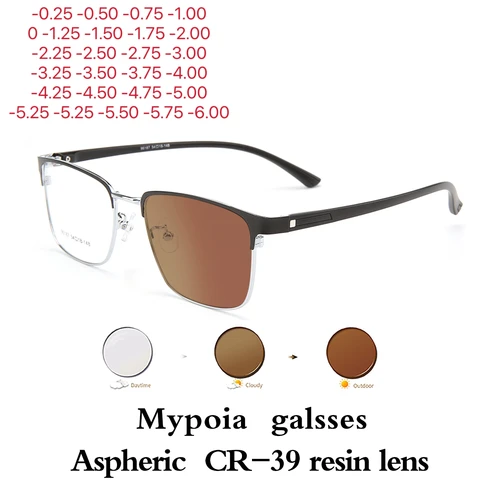 Gafas fotocromáticas para hombres y mujeres, gafas para miopía, gafas de visión corta para estudiantes de 0-0,5-1,25-1,5-1,75-2,00-2,25 -3 a-6
