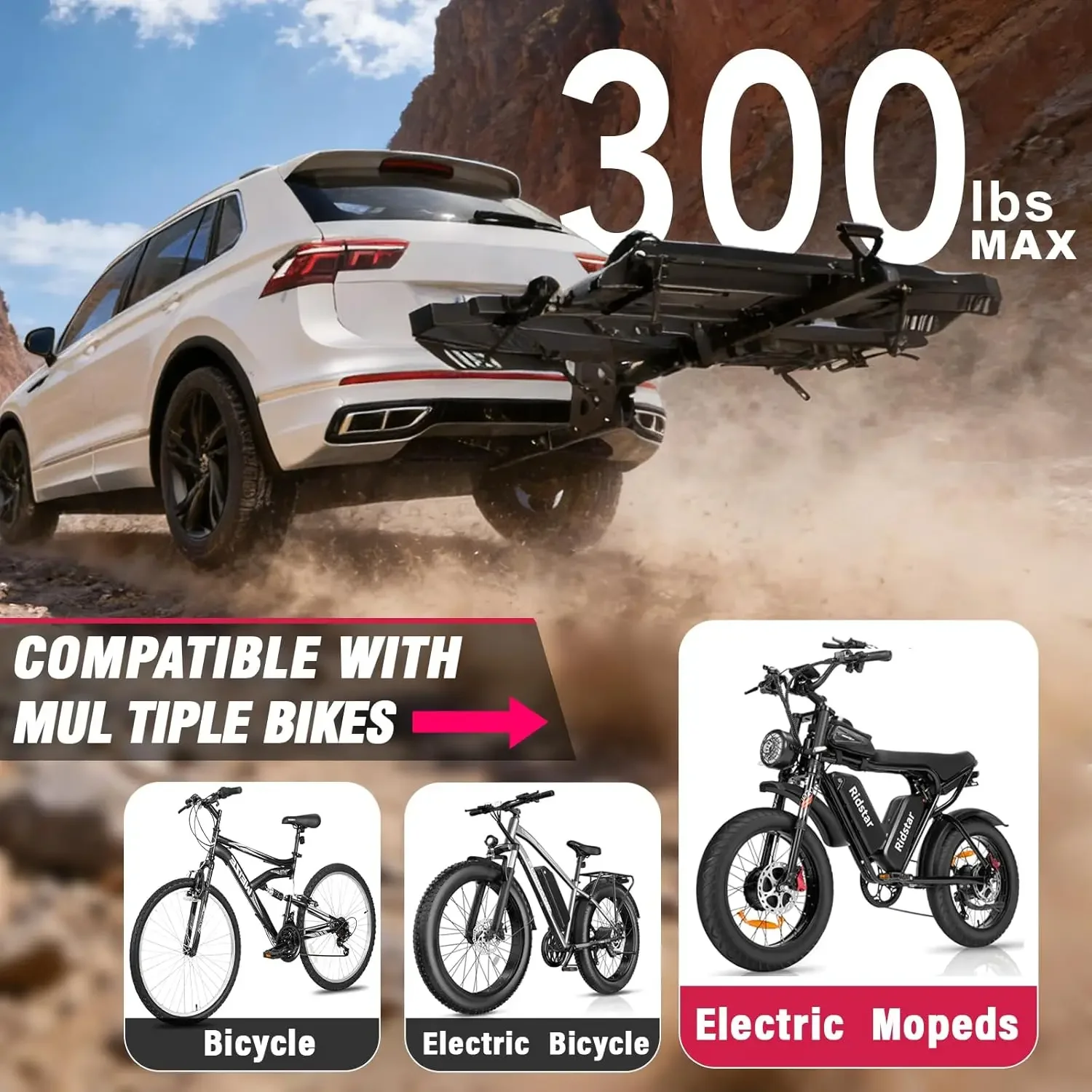 Ebike Rack with Ramp, Foldable Bike Rack for Tow Hitch 2 Bike with 300 LBS Capacity, Bike Carrier for Car, SUV,, Customized