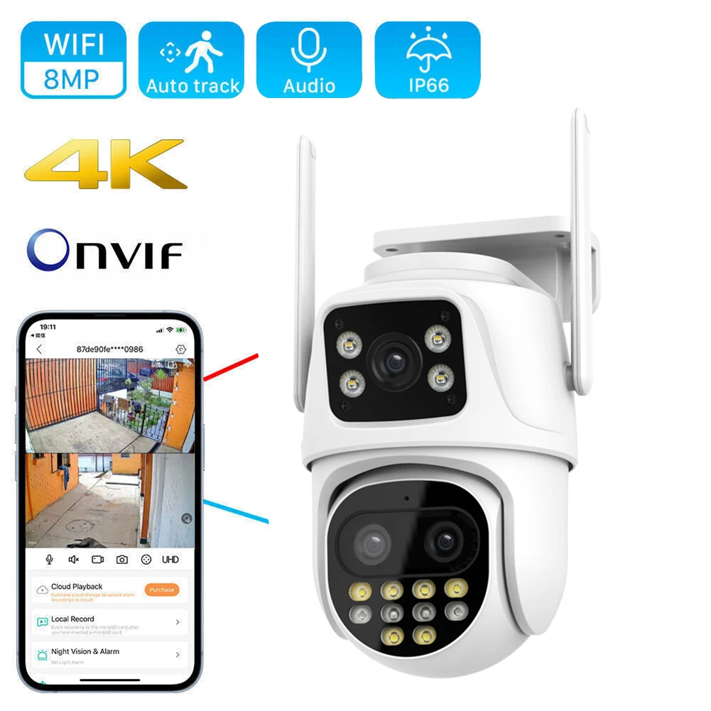 4K 8MP WIFI Surveillance Camera AI Auto Tracking Dual Screen Dual Lens External WiFi Camera Icsee APP PTZ WIFI Camera Waterproof