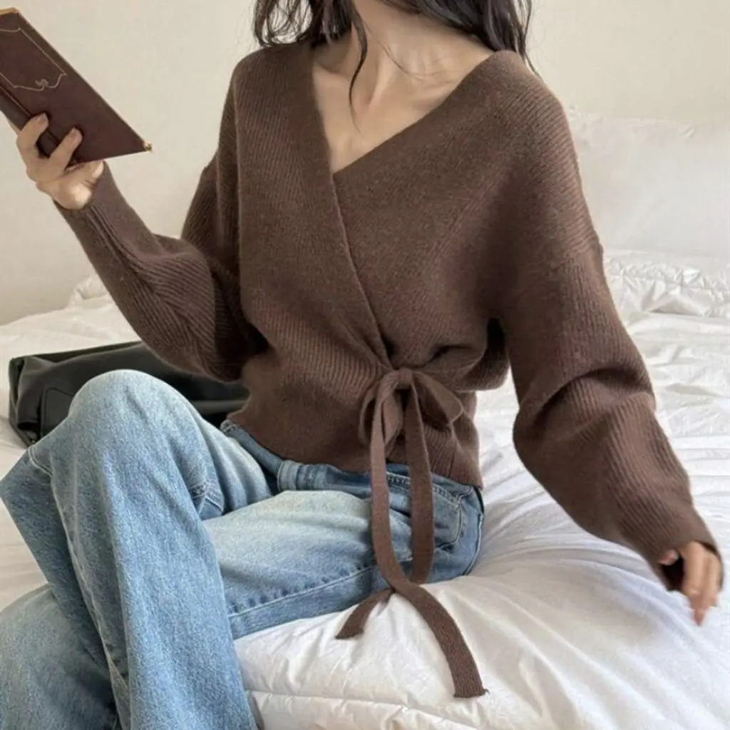 

Slim Sexy Women's V Neck Sweater Waist Tie Cross Wrap Style for Autumn Winter from