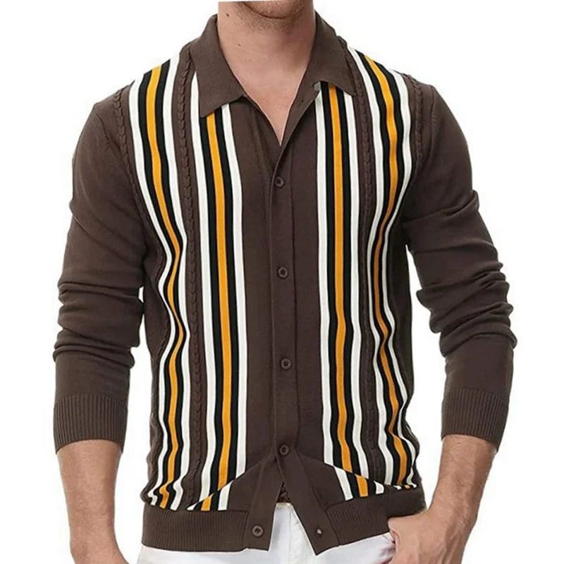 Spring Autumn Long Sleeve Polo Shirt Men England Style Casual Striped Contrast Color Knitted Sweater Slim Fit Cardigan