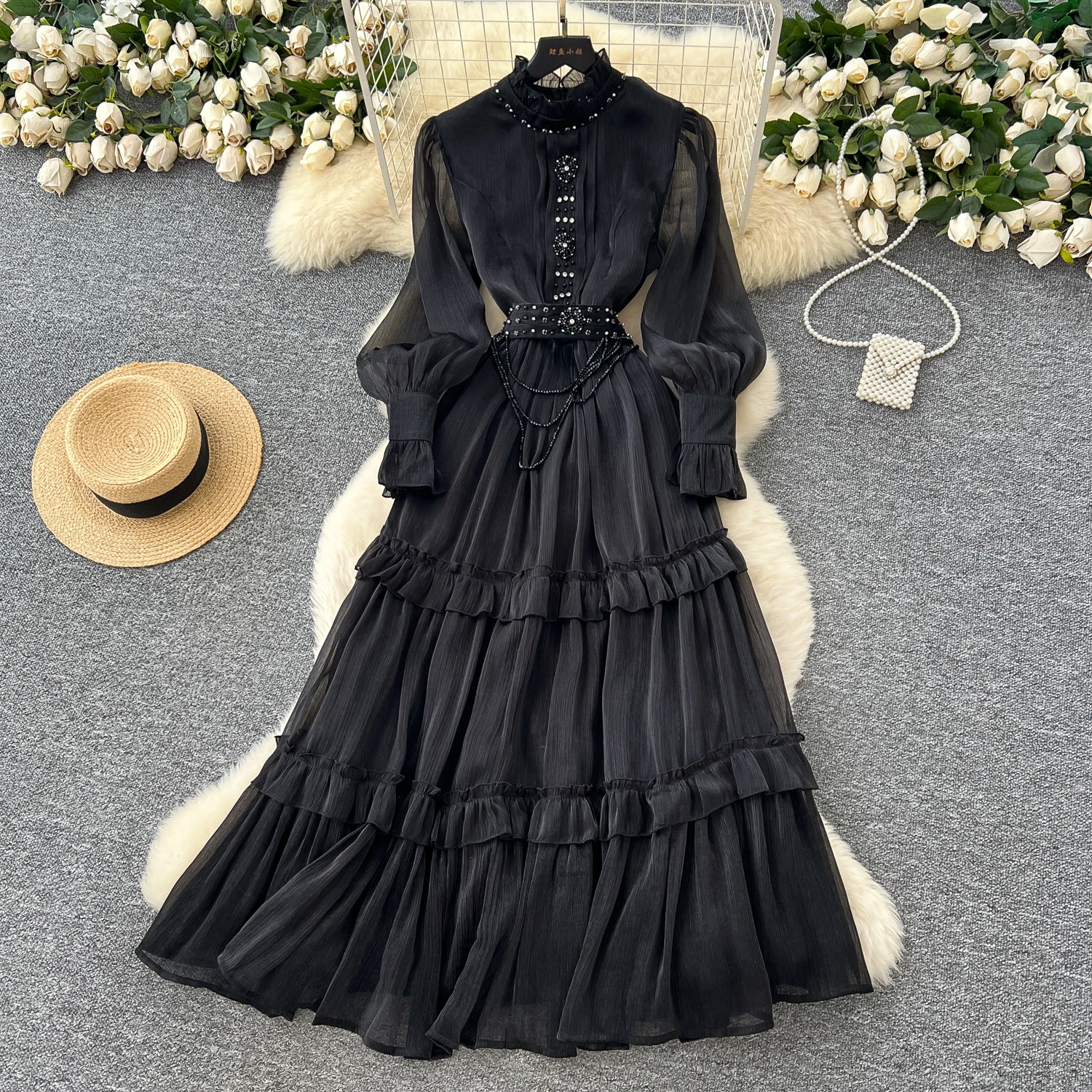 エレガントな夏秋サテン長袖マキシケーキドレス女性フリルクリスタルイブニングドレス妖精甘いクリスタルビーズ Vestido