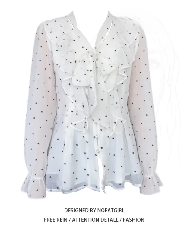 

plus Size Women's Spring Summer Long Sleeve Chiffon Shirt Bow Design Polka Dot Lace Trim Commute Style Korean Version Slim Fit