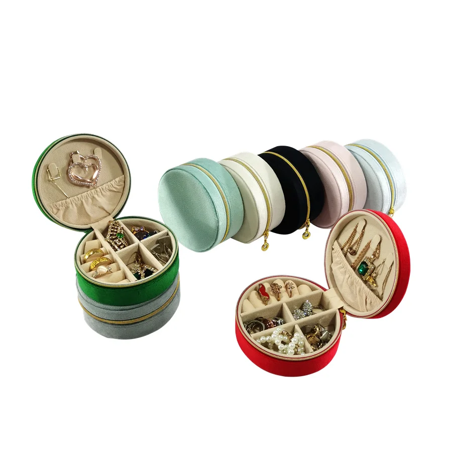 Velvet Round Portable Jewelry Box Travel Simple Jewelry Box Earrings Studs Ring Necklace Jewelry Storage Box