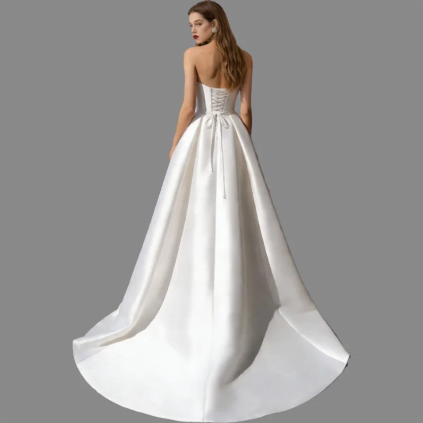 Customized Simple Sweetheart A-Line Satin Wedding Dresses Elegant Sleeveless Bridal Gowns Side Split Robe De Mariée with Pockets