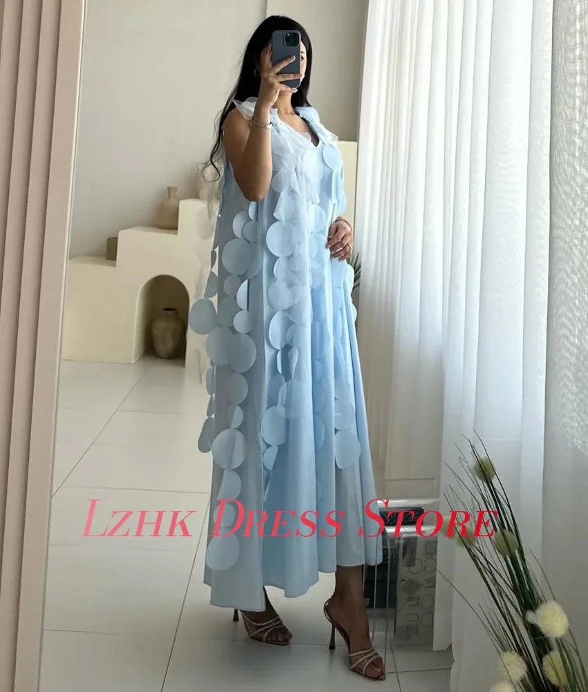 Personalizado requintado jérsei a linha apliques vestido de noite delicado sem mangas com decote em v tornozelo comprimento فساتmaveraات