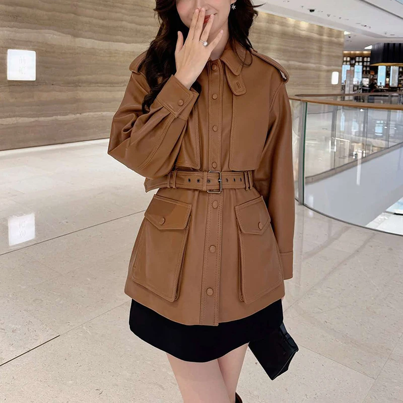 Women's Cropped Trench Coat Winter Sheepskin American Vintage Safari Style Pocket Belt Slim Brown Leather Jackets Trench Femme