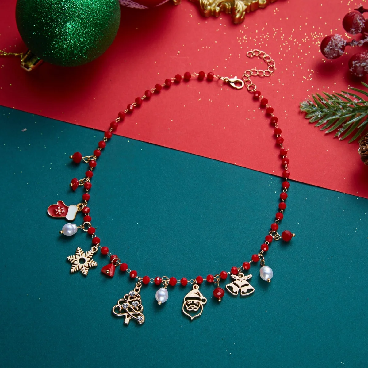 Weihnachtsbaum, Schneemann, Weihnachtsmann, Kranz, rote Kristall-Halskette für Damen und Herren, Weihnachten, Schneeflocken, Glocken, Hirsch, Halsband, Neujahrsschmuck – Detail 24