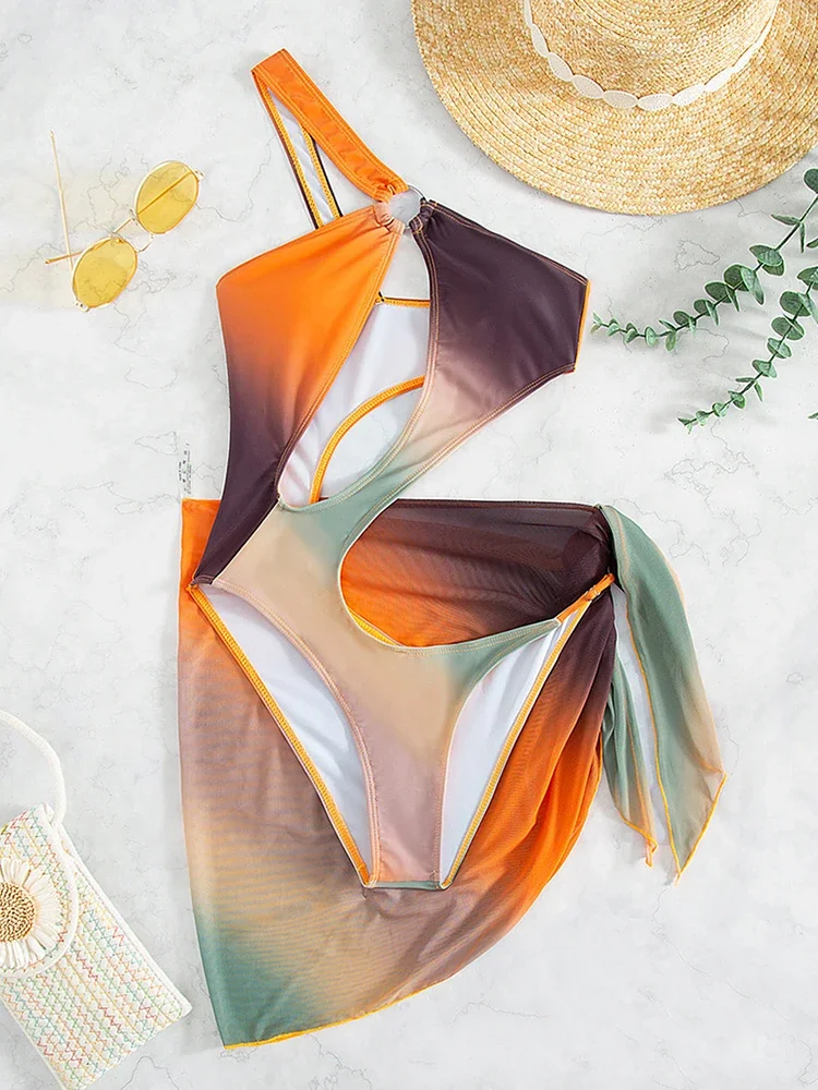 Monokini Bikini Set Women Hollow Out Print Gradient Two-piece Beachwear Summer 2026 Fashion Sexy Bathing Suit Female New