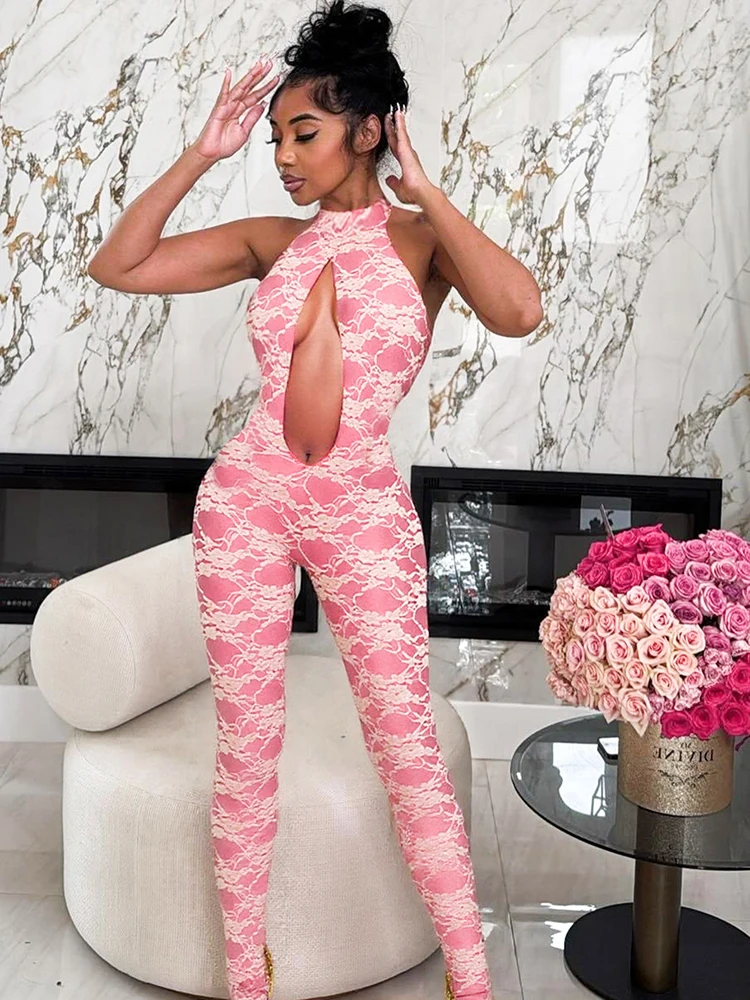 Sisterlinda 夏リリースジュニアファッションセクシーなハイストリートジャンプスーツ中空レースネックストラップ大きな谷間背中の開いたスリムジャンプスーツ