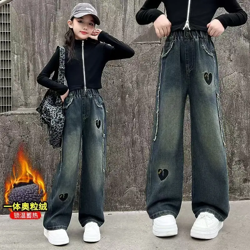 

Winter Tween Girl Vintage Blue Thermal Jeans with Heart Pattern Fleece Lined Denim Pants Kids Child Casual Straight Trousers