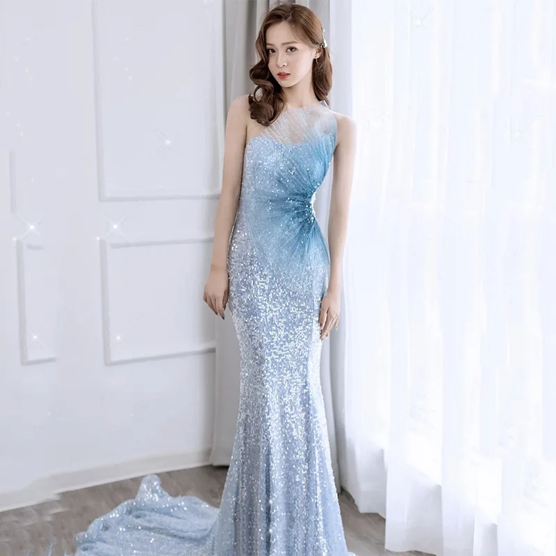 

New Blue Sequin Mermaid Dress Fashion Sexy Shining Sleeveless Party Dresses Women Backless Long Vestidos With Small Train