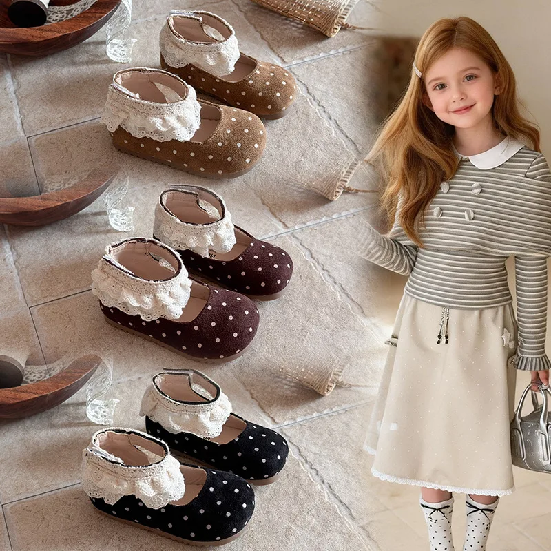 Girls Princess Shoes Lace Polka Dot Boots Fashion Children's Shoes Soft Sole Children's Loafer Shoes PU Leather Shoes