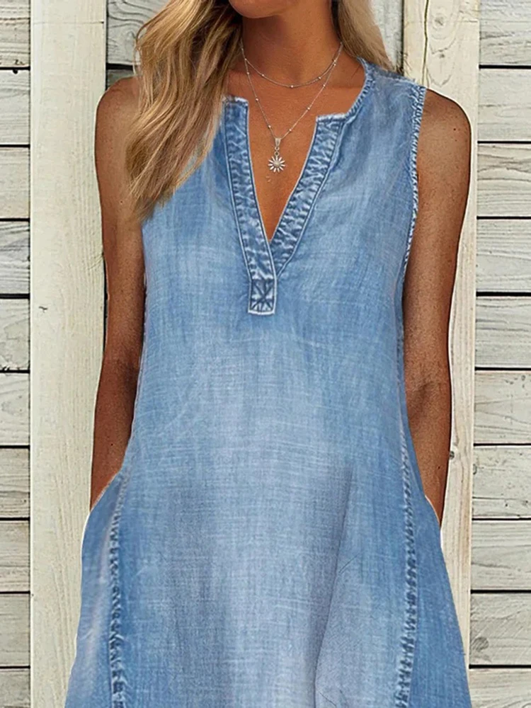 Robe mi-longue en jean bleu à col en V pour femmes, robe d\'été en fibre trapèze, robes de plage décontractées, poches, sexy