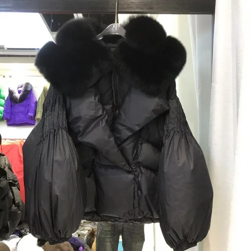 سترة قصيرة للنساء بأكمام واسعة وياقة بدلة متعددة الاستخدامات سترة فرو فاخرة خفيفة أوروبية أمريكية سميكة أصلية