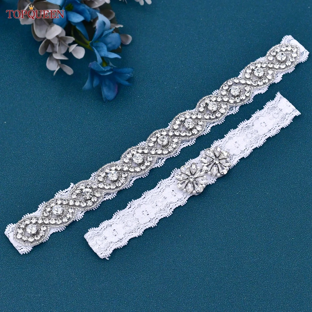 TOPQUEEN S28-D Sexy Wedding Garters Lace Leg Ring Party Home White Elastic Belt Bride Female Women Ladies Silver Rhinestones