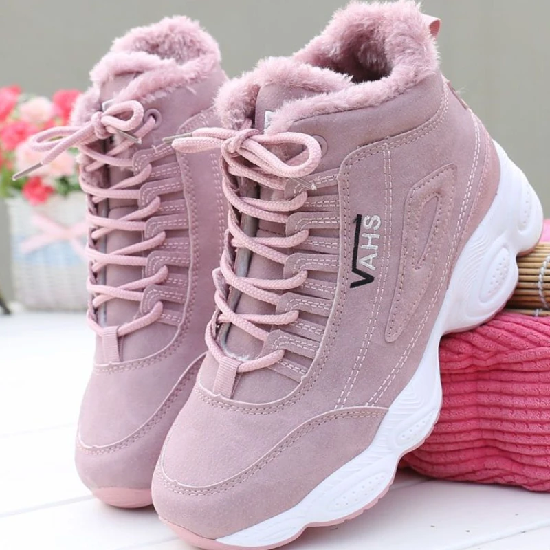 

Pink Boots Women Winter Plus Velvet Cotton Shoes High Top Snow Boots Warm Thick Bottom Casual Wedges Sneakers Botas De Invierno