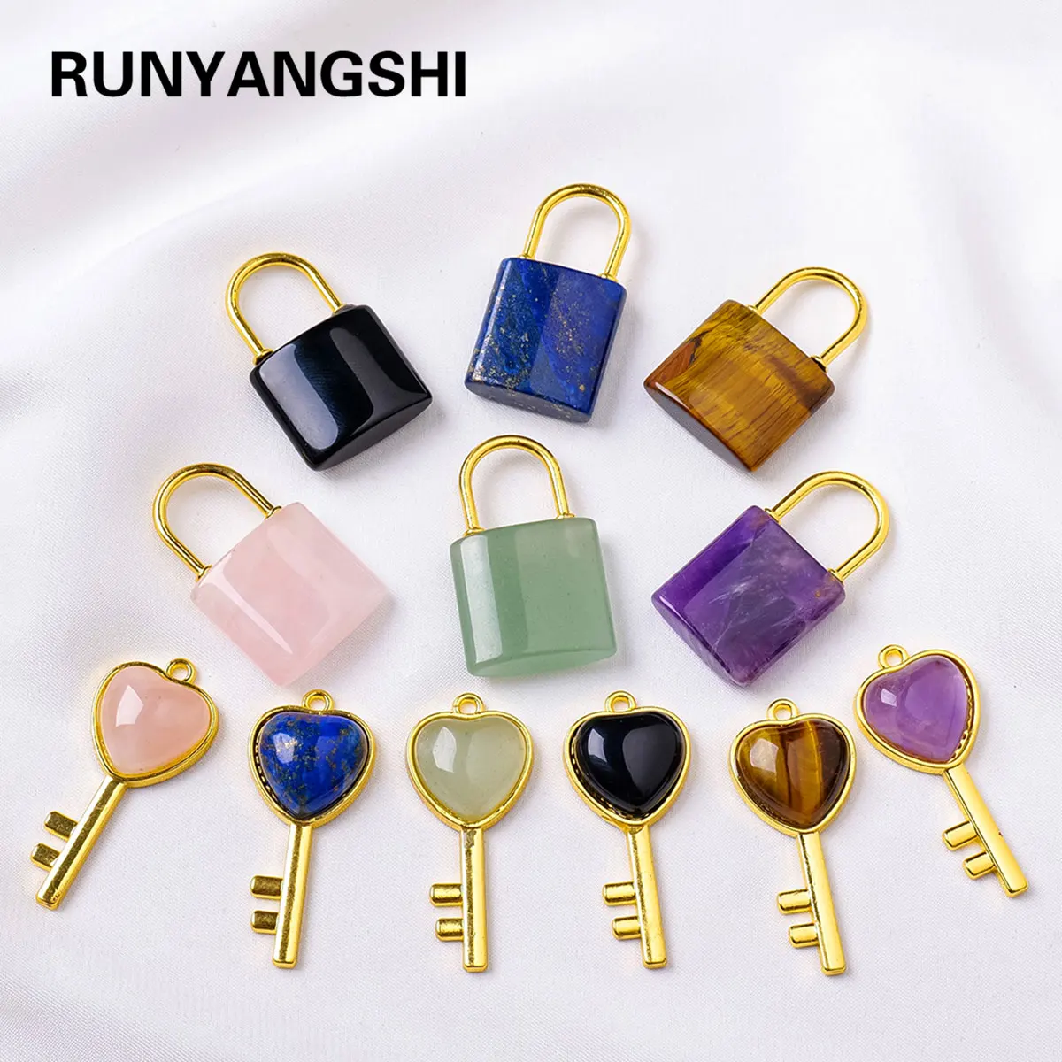 1PC Natural crystal Gemstone Lovers Lock Key Pendant Love Shape Energy Necklace jewelry Reiki Beloved Female Valentine's Day Gif