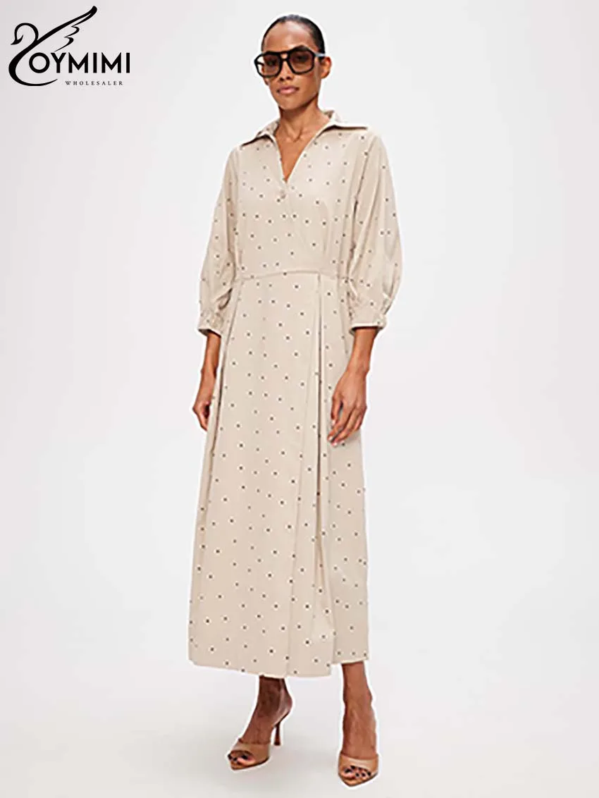 

Oymimi Fashion Khaki Print Women's Dress Elegant Lapel Long Sleeve High Waist Dresses Casual Straight Mid-Calf Dress Streetwear