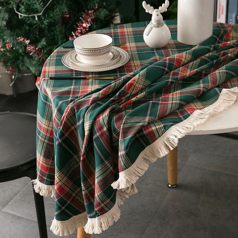 Christmas Round Tablecloths Retro Checkered Fabric Dust-Proof Washable Table Cover for Christmas Party Indoor Outdoor Decoration