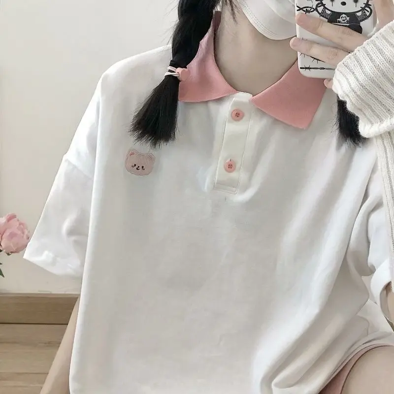 Deeptown Kawaii Bear Pink Tshirts Women Japanese Style Cute Sweet Polo Collar Blue T Shirts Female Preppy Fashion Soft Girl Tops