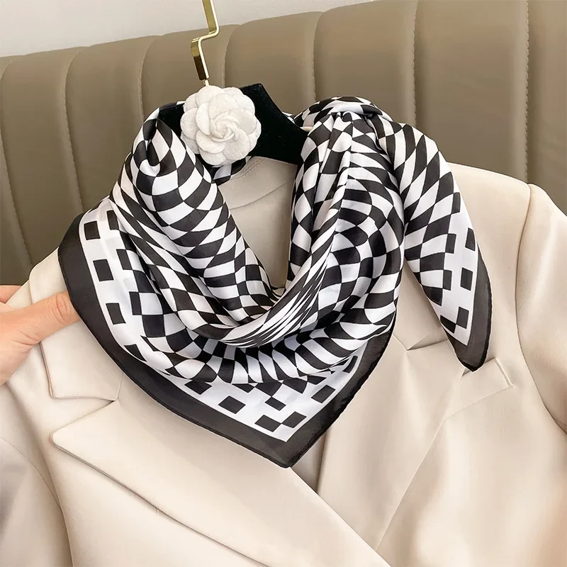 Black Fashion 70*70cm Scarves for Women Shawl Print Silk Satin Hijab Scarf Female Bandana Square Hairbands for Ladies