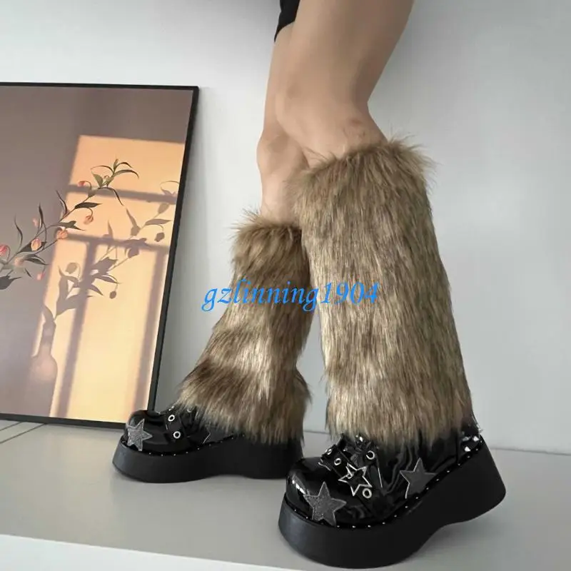 

L5YD Leg Warmer Women Faux Furs Fuzzy Long Shoes Cuffs Cover Warm Furry Costume