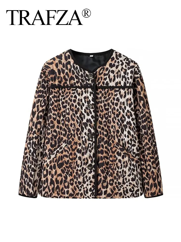 TRAFZA 2024 Woman Loose Slim Jacket Women Winter Leopard Print Cotton Jacket Single Breasted Pocket Decorate Casual Coat