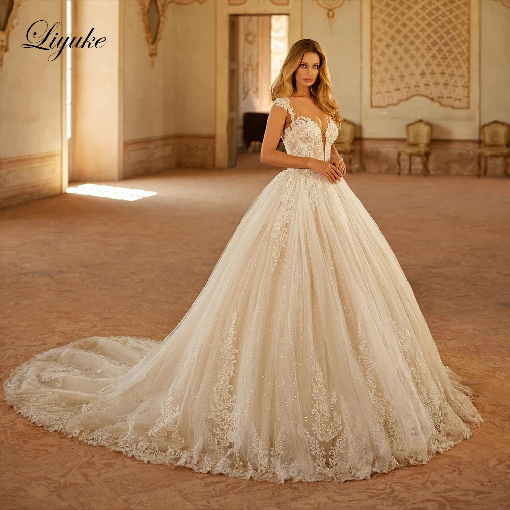 Liyuke Custom Made Shiny Appliques Tulle V-Neck A-Line Wedding Dress Court Train Sleeveless Beading Crystals robe de mariage