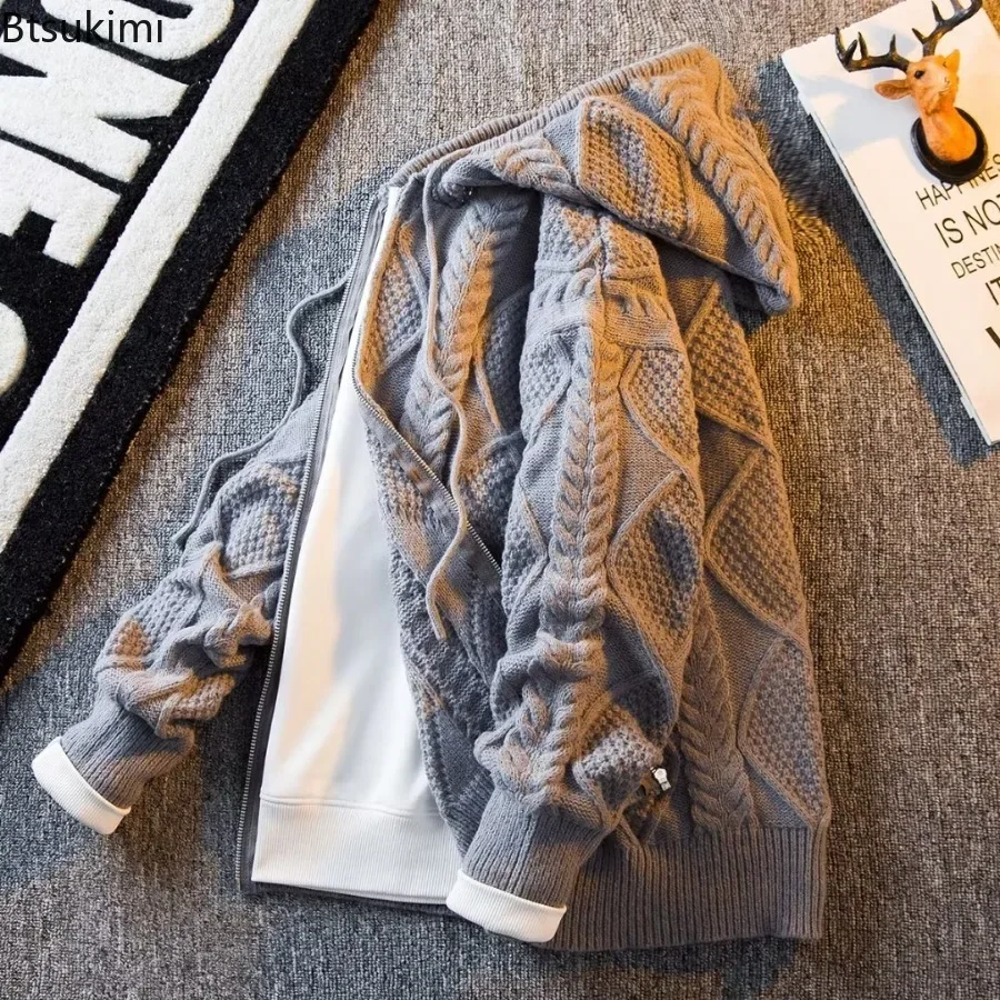 2026 New Men's Vintage Knitted Sweaters Autumn Winter Thick Warm Zipper Cardigan Jackets Male Loose Casual Hooded Sweater Coats