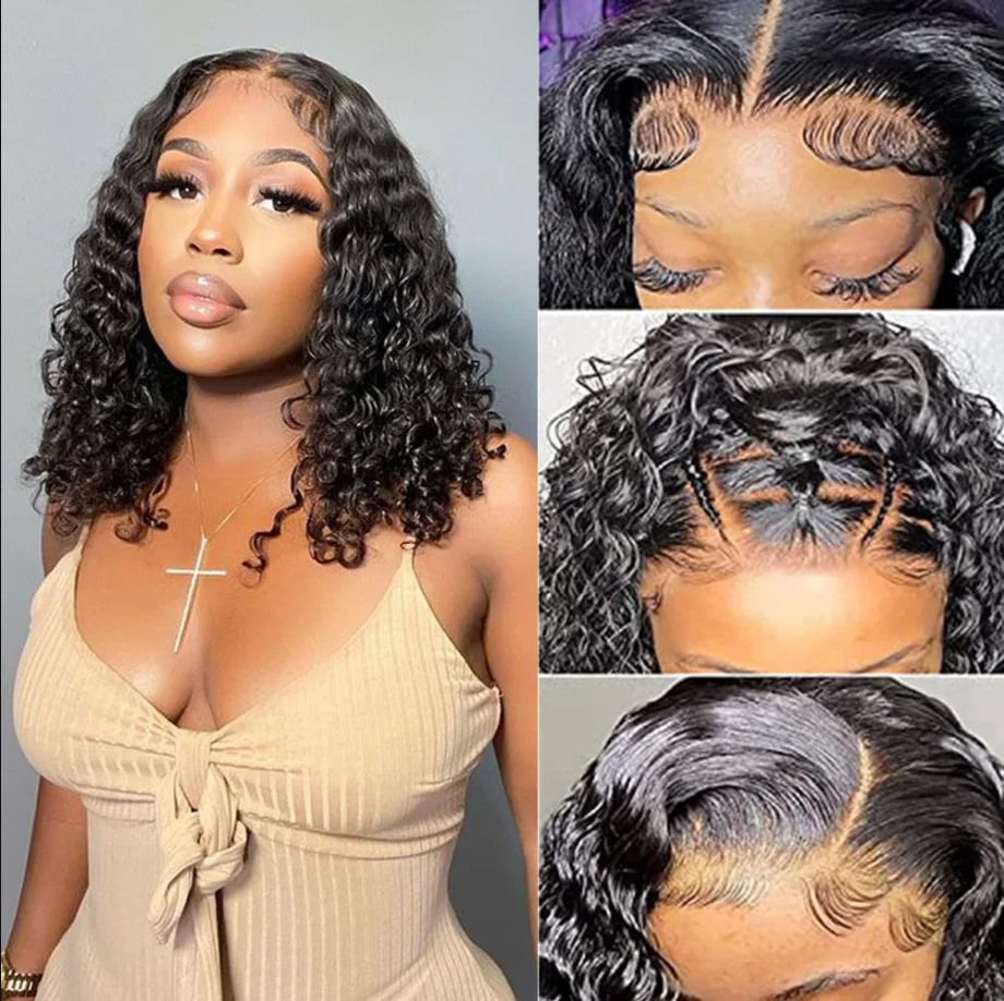 Leimlose Perücken Deep Wave 6x4 vor geschnittene HD transparente Spitze Verschluss Perücken für Frauen 100% menschliches Haar vor gezupft Deep Wave Bob Perücke