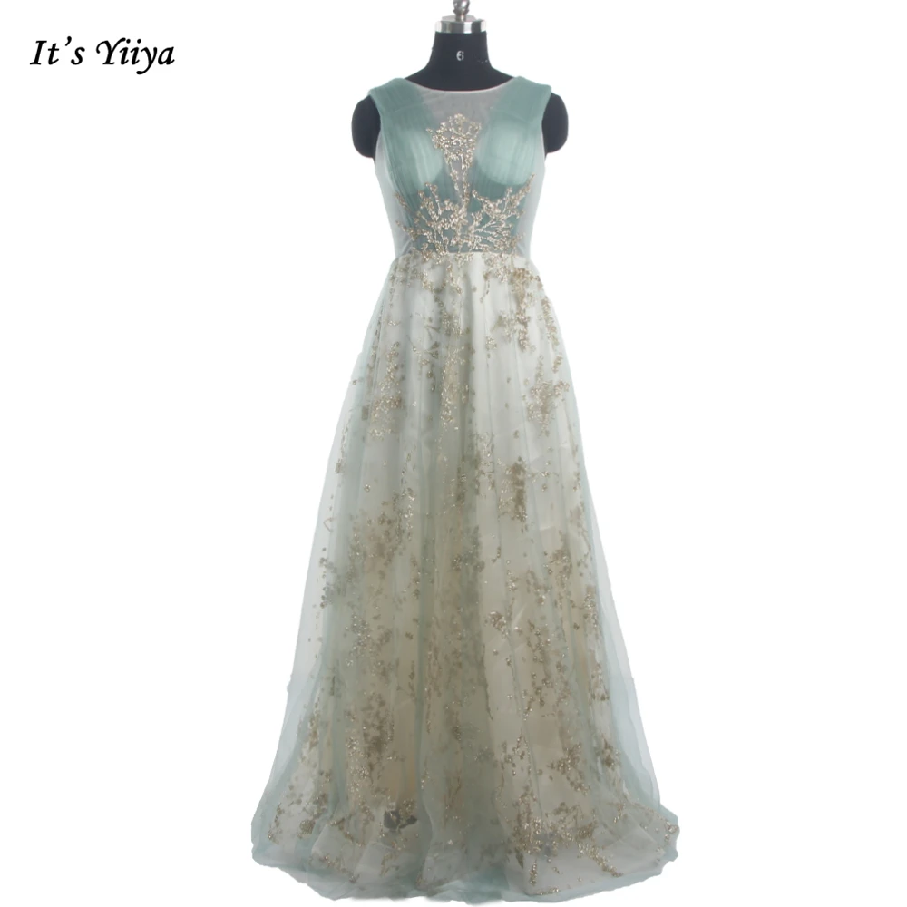 

It's Yiiya Evening Dresses Green O-neck Golden Power A-line Floor Length Lace up Plus size Women Party Formal Dress 2022 R1352